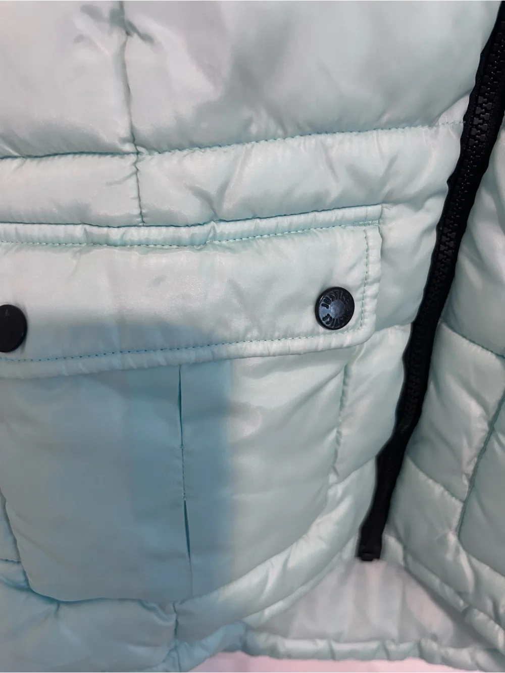 Justice Girls' Light Ice Blue Puffer Coat with Faux Fur Removable Hood Size 8